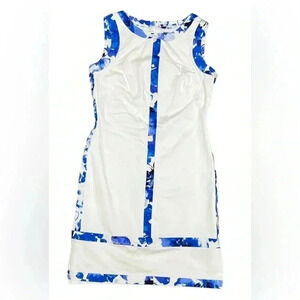 LAUREN Ralph Lauren White Blue Trim Cotton Blend
Lined Stretch Shift‎ dress Sz 8